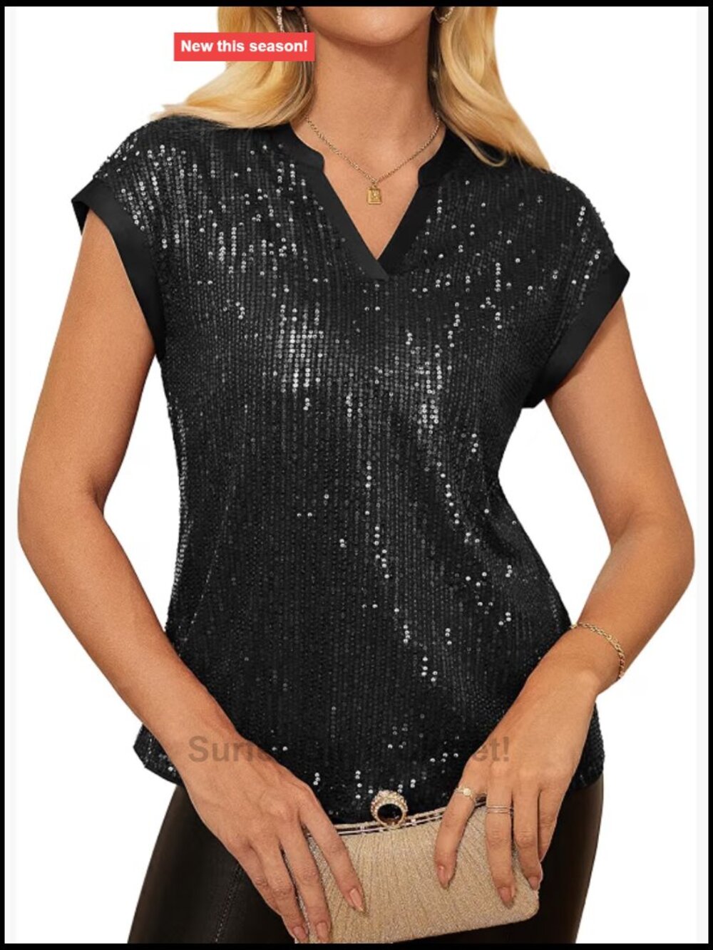 Women's Sequin Sparkly Blouse Cap Sleeve V-Neck Club Party Top Glitter Shirt